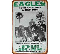 1977 Eagles Hotel California World Tour Cartel de letrero de metal, placa retro, arte, aspecto vintage, decoración de pared, bar, pub, café, hombre, cueva, 8 × 12 pulgadas
