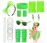 19PCS Disfraz AñOs 80 Mujer, AñOs 80 NeóN Accesorios Con Aretes Diademas Guantes De Rejilla Pulseras Collares Y Calentadores, Ropa AñOs 80 Disfraz Para Halloween Carnaval Cosplay Fiesta Retro(Verde)