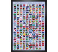 1art1 Banderas del Mundo Cartel con Marco (Madera DM) - Nombres De Paises Y Capitales, En Español (91 x 61cm)