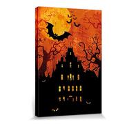 1art1 Halloween Póster Impresión En Lienzo Casa Encantada Y Luna De Sangre Cuadro En Bastidor De Camilla De Madera | Mural XXL | Imagen 30x20 cm