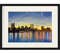 1art1 Nueva York Póster Amanecer sobre El Puente De Brooklyn Y Horizonte Cuadro Enmarcado con Fine Passepartout | Cuadros De Pared | En Un Marco De Imagen 80x60 cm