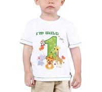 1er WCamiseta Cumpleaños Bebé Niño Animales de Selva Cumpleaño Manga Corta Tops Un año Fiesta de Cumpleaños de Selva 100% Algodón Impreso T-Shirt (Blanco, 90)