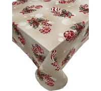 1KDreams Mantel navideño cuadrado, bolas de Navidad, acebo y copos de nieve, hilos efecto dorado, Lurex, mantel de mesa moderno Shabby Chic (Beige, 130 x 130 cm)