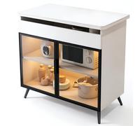 1M2nO3pK Isla de Cocina rodante Gabinete Tipo Buffet con Almacenamiento en Isla de Cocina, Puertas Vidrio Templado y Tapa Piedra sinterizada Isla de Almacenamiento de Cocina(Blanco,Pequeño)