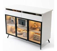 1M2nO3pK Isla de Cocina rodante Gabinete Tipo Buffet con Almacenamiento en Isla de Cocina, Puertas Vidrio Templado y Tapa Piedra sinterizada Isla de Almacenamiento de Cocina(Blanco,Grande)