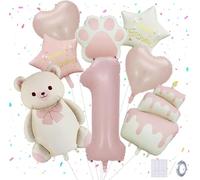 1nd Birthday Girl Bear Decoration Party Pink Foil Balloons, Balloon Number 1 Party Decoration, Balloons 1 Year Birthday
