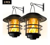 1pc/2pcs Lámpara Solar Colgante Exterior con Llamas Parpadeantes, Vidrio , Acero Inoxidable, Luz Solar para Pared, Valla, Patio, Senderismo, Camping