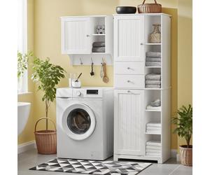 1pc Columna de Baño con Canasta de Ropa Mueble de Almacenamiento Armario de Almacenamiento con 6 Estantes y 2 Cajones Mueble de Baño con Canasta 60x37x171 cm BZR104-W - CAS215-X