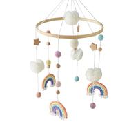 1pc cuna móvil 9x19in Rainbow, Star, Pompom y Crochet Ball Mobile para cuna con anillo de soporte de bambú para atraer la atención del bebé, promover el desarrollo de ojos/pies/manos.