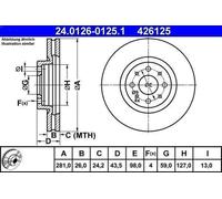 1X Disco de freno ATE 24.0126-0125.1 FIAT TIPO (160_) 1.1 1988-1991