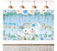 2.1x1.5m Telón de Fondo Baby Shower Oh Baby It's A Boy Elefante Acuarela Azul y Rosa Flores Niños Fotografía Fondo Recién Nacido Baby Shower Cumpleaños Decoración Banner Photo Booth Props
