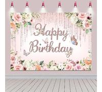 2.1x1.5m Telón de Fondo Cumpleaños Rose Gold Floral Mariposa Feliz Cumpleaños Cartel Fotografía Fondo Mujeres Niñas Princesa Cumpleaños Decoraciones Banner Photo Booth Props