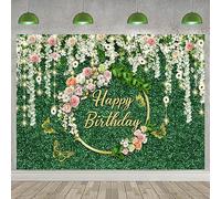 2.1x1.5m Telón de fondo Cumpleaños Verde Hojas Florales Feliz Cumpleaños Signo Fotografía Fondo Mujeres Niñas Princesa Cumpleaños Fiesta Decoraciones de interior al aire libre Banner Photo Booth Props