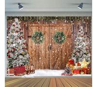 2.1x1.5m Telón de Fondo Navidad Rústico Barn Wood Door Xmas Tree Snow Gifts Photography Background Family Kids Portrait Photoshoot Winter Holiday New Year Party Decorations Banner Photo Booth Props