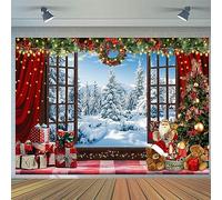 2.4x1.8m Telón de fondo Navidad invierno ventana país de las maravillas árbol de navidad santa claus oso regalos fotografía fondo familia niños sesión de fotos vacaciones año nuevo fiesta decoraciones