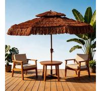 2,70 m Sombrilla Playa,Postes De Imitación De Madera, Mecanismo De Manivela Portátil,Soporte De Ocho Nervaduras,Diseño De Doble Techo, Estructura De Tubo De Acero,Para Bar Tiki Al Aire Libre