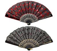 2 abanicos plegables de tela de lentejuelas bordadas con encaje de flores de pavo real, tela de plástico plegable para mujer, manualidades (negro y rojo)