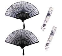 2 Abanicos Plegables y 2 Bolsas, Flores de Mano, Bambú Con Borlas, Chino, Seda Vintage, Bolsa de Doble Capa