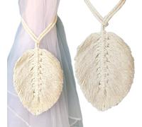 2 alzapaños bohemios para cortinas, hojas de algodón, macramé, cortina, cinta de tracción, cortina beige, cuerda de algodón, clips, resorte, soporte para cuerda (2 unidades), color blanco, 14,5 x 12