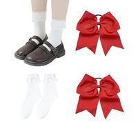 2 Anillos De Cabello De Arco Rojo, 1 Par De Calcetines Blancos, Banda De Goma Elástica, Accesorios Para El Cabello De Cola De Caballo De Moda Para Niñas, Accesorios De Ropa.