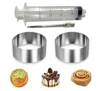 2 Aros de Cocina de Acero Inoxidable 10 cm x 4 cm + Jeringa de Cocina Reposteria 20ML para rellenar con aguja - Aro de Emplatar Horno - Molde para Tarta, New York Roll y Muchas mas Recetas