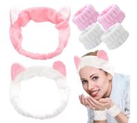 2 bandas para el pelo de maquillaje, 2 pares de pulseras para el cuidado de la piel, pulseras para lavado de cara, orejas de gato elásticas, para mujeres, spa, lavado de cara, mascarilla, ducha