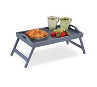 2 Bandejas Cama con Patas Plegables y Asas, Borde Elevado, Bambú, 6,5 x 50 x 30 cm, Gris