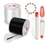 2 bobinas de goma para pulseras, Suofuolef 120 m x 0,8 mm, banda elástica para pulseras con aguja de perlas y tijeras para fabricación de joyas, collares, manualidades, color negro + blanco