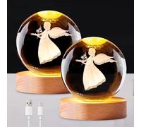 2 bolas de cristal 3D con luz nocturna, sistema solar 3D, bola de cristal con LED, ángel de la guarda para regalo, bola de cristal de 6 cm, con base de madera, para Acción de Gracias, día de San