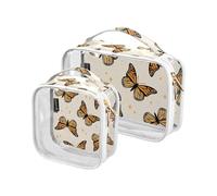 2 bolsas de aseo transparentes de viaje con mariposas monarca, bolsa de cosméticos de maquillaje, impermeable, organizador de almacenamiento con cremallera para mujeres y hombres, A350,
