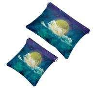 2 bolsas de cosméticos con bolsillo para acuarela, luna, nube, espacio, bolsa de maquillaje con cierre automático, portátil, sin cremallera, mini bolsa de maquillaje de viaje para monedas,