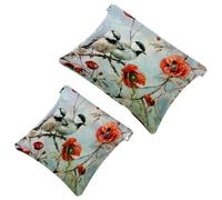 2 bolsas de cosméticos de bolsillo, diseño de pájaros y amapolas, con cierre automático, sin cremallera, pequeña bolsa de maquillaje para almacenamiento de cosméticos, auriculares, organizador de