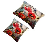 2 bolsas de cosméticos de bolsillo, diseño floral de pájaros y amapolas, bolsa de maquillaje con cierre automático, sin cremallera, pequeña bolsa de maquillaje para almacenamiento de cosméticos,