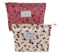 2 bolsas de cosméticos para mujer, maquillaje con estampado floral, pana con cremallera, para mujeres y niñas, 5 almohadillas de algodón, Rosa, blanco crema
