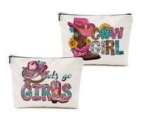 2 bolsas de maquillaje occidentales, Let's Go Girls Sombrero de vaquera, bolsa de cosméticos, regalos de vaquera para mujeres, niñas, hermanas, mejores amigas, botas vaqueras, regalos de Navidad