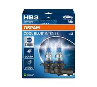 OSRAM COOL BLUE INTENSE HB3, +100% más de brillo, hasta 5.000K, lámpara de faro halógena, aspecto LED, caja plegable colgante (2 lámparas)