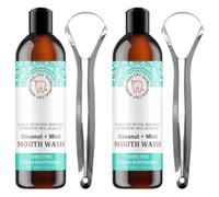 [2 botella] 100 ml Mouthwash, Enjuague Bucal Sin Alcohol con Tongue Scraper, Enjuague Bucal Niños Natural &, Oil Pulling Mouthwash con Aceite De Coco Y Menta
