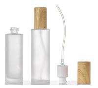 2 botellas vacías de vidrio esmerilado transparente con tapa de grano de madera de plástico, dispensador de esencia de emulsión para maquillaje, cosméticos, crema, emulsión, esencia, frascos de