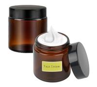 2 botes de crema de cristal ámbar para rellenar, 100 ml, frasco de crema de vidrio marrón, recipiente con espátula y pegatinas, bote vacío para loción, crema, cosméticos
