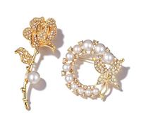 2 broches para mujer, elegante broche dorado con brillantes y perlas, coronas de rosas, guirnaldas doradas, broches para bufanda, abrigo, ropa