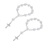 2 Cadenas de Perlas para Espejo de Coche, Accesorios con Colgante de Cruz, Mini Rosario para Interior, Suspensión para Espejo, Color Blanco