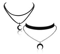 2 cadenas negras dobles de luna para mujer, collar gótico, collar negro, collar bohemio, accesorios Y2K, joyería vintage, collar grunge de Halloween, diseño medieval, aspecto brujo