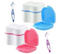 2 cajas de almacenamiento para prótesis, caja de prótesis, caja de dentaduras dentales con colador, cepillos limpiadores para prótesis