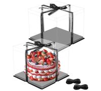 2 cajas de regalo transparentes para tartas, 30 x 30 x 25 cm, caja de cartón transparente para tartas, caja de transporte, caja de regalo, transparente, con base y cinta para cumpleaños, color negro