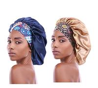 2 capó de satén para mujeres negras con banda ancha elástica para dormir, gorra de satén sedoso, de una sola capa, para trenza, cabello natural, azul marino + caqui