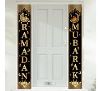 2 carteles de puerta de Ramadán Mubarak con luz LED, 70.8 x 11.8 pulgadas, letrero de porche negro dorado para decoraciones de Ramadán, letrero de puerta colgante de casa de Ramadán, decoración