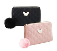 2 Carteras De Bolas De Pelo De Mariposa, Billetera Pequeña Y Portátil, Compilación Diaria para Mujeres, Lindo Cole, Estuche para Tarjetas De Crédito (Negro, Rosa).