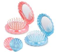 2 Cepillos de Pelo de Viaje, Cepillo de Pelo de Bolsillo con Forma de Concha con Espejo Cepillo de Pelo Plegable Portátil Mini Cepillo de Pelo Compacto para Mujeres (Azul + Rosa)