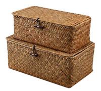 2 cestas de almacenamiento con tapa de 10 x 6 x 4 y 9 5 3 pulgadas, cestas de almacenamiento de pasto marino fijadas con alambre, cesta tejida con cerradura de madera para almacenar decoración