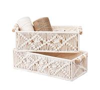 2 cestas de almacenamiento de macramé con asas de madera, HAOTIAN-X blanco boho decoración de baño cestas tejidas para estantes, encimeras hechas a mano, cajas de organizador de armario de inodoro